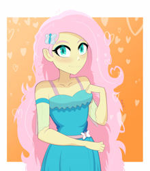 Size: 3222x3666 | Tagged: safe, artist:lyonzyon, derpibooru import, fluttershy, equestria girls, abstract background, bare shoulders, blushing, cute, daaaaaaaaaaaw, looking at you, shyabetes