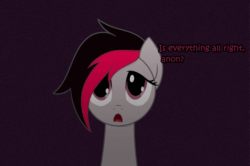 Size: 640x426 | Tagged: safe, artist:superderpybot, oc, oc only, oc:miss eri, earth pony, pony, animated, dark, earth pony oc, emo, female, gif, glitch, glitch art, implied anon, mare, simple background, solo, text, visual snow