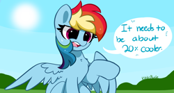 Size: 6800x3649 | Tagged: safe, artist:kittyrosie, derpibooru import, rainbow dash, pegasus, pony, 20% cooler, absurd resolution, chest fluff, open mouth, sitting, solo, speech bubble, sun, sweat, talking to viewer