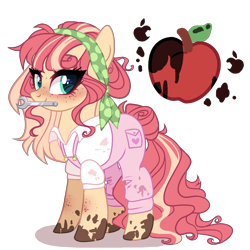 Size: 1400x1400 | Tagged: safe, artist:gihhbloonde, derpibooru import, oc, earth pony, pony, clothes, female, magical lesbian spawn, mare, mouth hold, offspring, overalls, parent:applejack, parent:torque wrench, shirt, solo, wrench