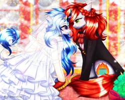 Size: 4000x3179 | Tagged: safe, artist:krissstudios, derpibooru import, oc, oc only, earth pony, pony, clothes, dress, female, lesbian, mare, suit, wedding dress