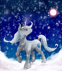 Size: 1536x1781 | Tagged: safe, artist:artfestation, derpibooru import, pony, unicorn, glowing horn, horn, leonine tail, looking back, looking up, male, outdoors, simple background, snow, stallion