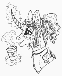 Size: 881x1080 | Tagged: safe, artist:skior, derpibooru import, oc, oc:neon lure, pony, unicorn, bust, coffee cup, cup, female, magic, mare, monochrome, portrait, solo