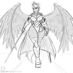 Size: 2000x2000 | Tagged: safe, artist:thedrunkcoyote, derpibooru import, oc, oc only, oc:queen aurora, alicorn, anthro, alicorn oc, armor, breasts, commission, digital art, female, horn, looking at you, monochrome, simple background, solo, spread wings, tail, thighs, white background, wide hips, wings