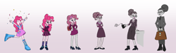 Size: 2752x832 | Tagged: safe, artist:cyanoray, derpibooru import, pinkie pie, equestria girls, age progression, alternate hairstyle, bored, clothes, crystal prep academy uniform, cutie mark, cutie mark on clothes, discorded, female, mental shift, personality swap, pinkamena diane pie, school uniform, smiling, suit, suitcase, transformation, transformation sequence