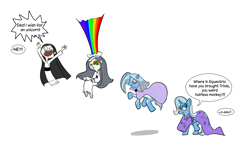 Size: 1566x919 | Tagged: safe, artist:cyanoray, derpibooru import, trixie, ghost, human, pony, undead, unicorn, akiko, annoyed, cape, character to character, clothes, crossover, female, jumping, mare, offscreen character, rainbow, simple background, swirly eyes, transformation, transformation sequence, white background, wishfart, yuurei