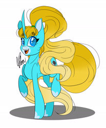 Size: 2227x2692 | Tagged: safe, artist:donnie-moon, derpibooru import, oc, pony, unicorn, :d, female, horn, mare, open mouth, open smile, raised hoof, raised leg, signature, simple background, smiling, unicorn oc, white background