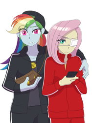 Size: 1620x2160 | Tagged: safe, artist:haibaratomoe, derpibooru import, fluttershy, rainbow dash, equestria girls, backwards ballcap, baseball cap, cap, cutie mark accessory, cutie mark necklace, eyepatch, female, flutterdash, hat, jewelry, lesbian, necklace, phone, satchel, shipping