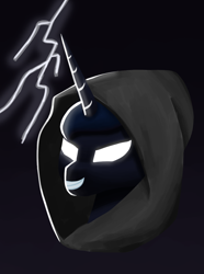 Size: 1000x1346 | Tagged: safe, artist:trotski432, derpibooru import, princess luna, alicorn, luna eclipsed, bust, disembodied head, female, hood, lightning, mare, nightmare night, portrait, simple background