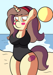 Size: 2550x3640 | Tagged: safe, artist:sparkfler85, derpibooru exclusive, derpibooru import, oc, oc only, oc:hymyt, anthro, unicorn, arm behind head, beach, big breasts, blushing, breasts, clothes, female, headband, legs together, mare, ocean, one-piece swimsuit, sand, sexy, solo, sun, swimsuit, water