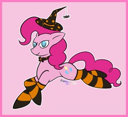 Size: 2893x2642 | Tagged: safe, artist:pokeshadow, derpibooru import, pinkie pie, pony, bowtie, clothes, halloween, hat, holiday, looking at you, lying down, smiling, socks, solo, striped socks, witch hat