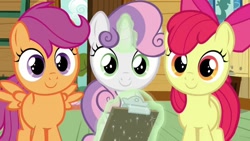 Size: 852x479 | Tagged: safe, derpibooru import, screencap, apple bloom, scootaloo, sweetie belle, earth pony, pegasus, pony, unicorn, marks and recreation, season 7, adorabloom, apple bloom's bow, bow, clipboard, clubhouse, crusaders clubhouse, cute, cutealoo, cutie mark crusaders, diasweetes, female, filly, glowing horn, hair bow, horn, magic, smiling, spread wings, telekinesis, wings