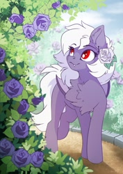 Size: 2481x3507 | Tagged: safe, artist:arctic-fox, derpibooru import, oc, oc only, bat pony, pony, bat pony oc, bat wings, cute, cute little fangs, fangs, flower, flower in hair, leaves, path, smiling, solo, wings