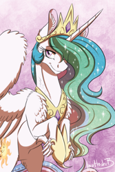 Size: 788x1182 | Tagged: safe, artist:inuhoshi-to-darkpen, derpibooru import, princess celestia, alicorn, pony, chest fluff, crown, ear fluff, ears, hair over one eye, hoof fluff, hoof shoes, jewelry, regalia