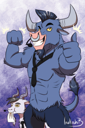 Size: 788x1182 | Tagged: safe, artist:inuhoshi-to-darkpen, derpibooru import, iron will, goat, minotaur, abs, cheek fluff, eating, facial hair, goatee, male, muscles, muscular male, paper, tail