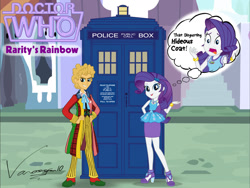 Size: 1280x960 | Tagged: safe, artist:vanossfan10, derpibooru import, doctor whooves, rarity, equestria girls, adorkable, canterlot, clothes, colin baker, cravat, doctor who, dork, felt, female, frock coat, hypocrisy, logo, male, proud, rarity being rarity, rariwhooves, rariwimp, shipping, shirt, sixth doctor, spats, straight, tardis, tartan, thought bubble, trousers, waistcoat