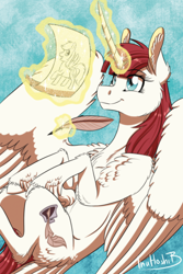 Size: 788x1182 | Tagged: safe, artist:inuhoshi-to-darkpen, derpibooru import, oc, oc only, oc:fausticorn, alicorn, pony, alicorn oc, bust, chest fluff, ear fluff, ears, feather pen, female, glowing horn, hoof fluff, horn, ink, inkwell, lauren faust, magic, mare, ponified, solo, telekinesis, wing fluff, wings