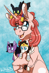 Size: 788x1182 | Tagged: safe, artist:inuhoshi-to-darkpen, derpibooru import, oc, oc only, pony, unicorn, ear fluff, ears, female, gail simone, glasses, holding, hoof fluff, horn, mare, marvel, open mouth, plushie, sitting, unicorn oc, wonder woman