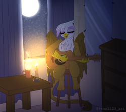 Size: 1200x1065 | Tagged: safe, artist:pearl123_art, derpibooru import, gilda, griffon, fanfic:the lost element, candle, cup, cute, dresser, eyes closed, fanfic art, female, fire, full moon, gildadorable, guitar, happy, mirror, moon, musical instrument, night, playing guitar, singing, sitting, sitting on, smiling, solo, stars, steam, stool, table