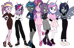 Size: 1830x1178 | Tagged: safe, artist:cookiechans2, artist:idkhesoff, artist:katnekobase, artist:selenaede, artist:stryapastylebases, artist:velveagicsentryyt, derpibooru import, princess flurry heart, princess skyla, oc, oc:espion, oc:lovebug (ice1517), oc:prince dust, oc:princess black lichen, oc:starbright sword, changepony, hybrid, equestria girls, alternate hairstyle, base used, boots, brother and sister, brothers, cellphone, choker, clothes, crossdressing, equestria girls-ified, eyes closed, eyeshadow, female, flats, grin, horn, horn jewelry, horn ring, icey-verse, interspecies offspring, jeans, jewelry, magical lesbian spawn, makeup, male, midriff, multicolored hair, necklace, offspring, pants, parent:princess cadance, parent:queen chrysalis, parent:shining armor, parents:cadalis, parents:shining chrysalis, parents:shiningcadance, phone, ponied up, ring, scar, shirt, shoes, siblings, simple background, sisters, skirt, smartphone, smiling, sneakers, socks, stockings, sweater, t-shirt, tanktop, tattoo, thigh highs, trans female, transgender, transparent background, wall of tags, wings