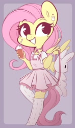 Size: 961x1631 | Tagged: safe, artist:sakukitty, derpibooru import, fluttershy, anthro, rabbit, unguligrade anthro, animal, bag, choker, clothes, coffee cup, cup, cute, dress, drink, ear piercing, female, food, frappuccino, piercing, shyabetes, smiling, socks, solo, straw, whipped cream