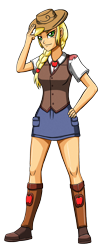 Size: 1240x3000 | Tagged: safe, artist:artemis-polara, derpibooru import, applejack, equestria girls, alternate hairstyle, boots, clothes, cowboy hat, freckles, hat, shirt, shoes, simple background, skirt, smiling, solo, transparent background, vest