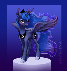 Size: 2636x2780 | Tagged: safe, artist:anvalina, derpibooru import, princess luna, alicorn, pony, bedroom eyes, blushing, female, high res, looking at you, mare, smiling, smiling at you, solo, spread wings, wings