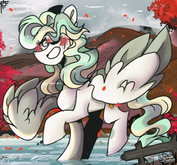 Size: 3000x2800 | Tagged: safe, artist:its_sunsetdraws, derpibooru import, vapor trail, pegasus, pony, autumn, blushing, cheek fluff, cloud, cloudy, cloudy sky, digital art, falling leaves, fanart, looking at you, overcast, river, smiling, smiling at you, solo, spread wings, tree, wings