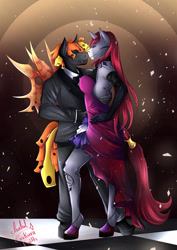 Size: 1961x2773 | Tagged: safe, artist:sakurafaith, derpibooru import, oc, oc only, oc:fire heart/passion blaze, oc:selune darkeye, anthro, changeling, unguligrade anthro, unicorn, beautiful, bobble, body markings, bowtie, clothes, commission, confident, cute, dress, gloves, handsome, horn, jewelry, looking at each other, loving gaze, necklace, oc x oc, orange changeling, redhead, sexy, shipping, signature, slow dancing, suit, wings