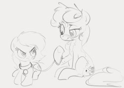 Size: 1094x775 | Tagged: safe, artist:dotkwa, derpibooru import, oc, oc only, oc:anon filly, oc:deary dots, earth pony, collar, female, filly, mare, monochrome