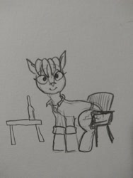 Size: 1560x2080 | Tagged: safe, artist:pony quarantine, derpibooru import, oc, oc only, earth pony, pony, bottle, chair, clothes, grayscale, looking at you, monochrome, pencil drawing, shirt, sitting, sketch, solo, table, traditional art