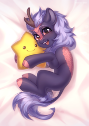 Size: 700x989 | Tagged: safe, artist:fenwaru, derpibooru import, oc, oc:night glow, kirin, bed, bed sheets, commission, curled up, cute, gradient eyes, happy, horn, hugging a pillow, kirin oc, lying down, lying on bed, on bed, smiling, stars, tail, ych result