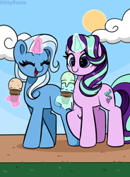 Size: 2480x3366 | Tagged: safe, artist:kittyrosie, derpibooru import, starlight glimmer, trixie, pony, unicorn, blushing, eyes closed, food, hangover, ice cream, open mouth