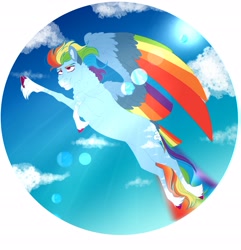 Size: 2699x2796 | Tagged: safe, artist:inisealga, derpibooru import, rainbow dash, pegasus, cloud, colored wings, female, flying, mare, redesign, sky, solo, sun, wings