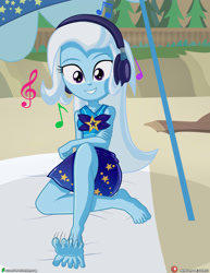 Size: 3090x4000 | Tagged: safe, artist:dieart77, derpibooru import, trixie, equestria girls, barefoot, beach, clothes, commission, feet, female, foot tapping, headphones, high res, music notes, ocean, sarong, solo, swimsuit, tapping