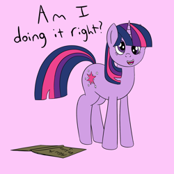 Size: 1934x1934 | Tagged: safe, artist:librarylonging, derpibooru import, twilight sparkle, unicorn twilight, pony, unicorn, book, derp, dialogue, pink background, silly, silly pony, simple background, solo, text