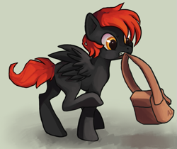 Size: 611x514 | Tagged: safe, artist:dashleigh, derpibooru import, oc, oc only, pegasus, pony, bag, mouth hold, pegasus oc, solo, wings