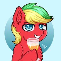 Size: 3000x3000 | Tagged: safe, artist:yumomochan, derpibooru import, oc, alcohol, beer, blue eyes, bust, commission, fluffy, male, portrait, smiling, stallion, teeth, teeth grinding, two colour hair