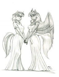 Size: 1000x1307 | Tagged: safe, artist:baron engel, derpibooru import, oc, oc only, anthro, pegasus, unicorn, breasts, cleavage, clothes, dress, eye contact, female, grayscale, holding hands, horn, lesbian, looking at each other, mare, marriage, monochrome, oc x oc, pencil drawing, shipping, simple background, traditional art, wedding, wedding dress, white background, wings