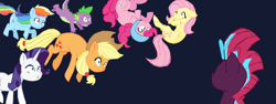 Size: 1280x482 | Tagged: safe, artist:benpictures1, artist:chedx, applejack, fluttershy, pinkie pie, rainbow dash, rarity, spike, tempest shadow, dragon, earth pony, pegasus, unicorn, comic:the storm kingdom, my little pony: the movie, applejack's hat, bad end, captured, clothes, cowboy hat, crystal of light, cute, dashabetes, diapinkes, ears, female, floppy ears, general tempest shadow, hat, helmet, inkscape, jackabetes, mare, open mouth, raribetes, shocked, shocked expression, shyabetes, upside down, vector, wavy mouth