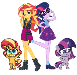 Size: 1641x1594 | Tagged: artist needed, safe, artist:laszlvfx, artist:orin331, derpibooru import, sci-twi, sunset shimmer, twilight sparkle, unicorn twilight, pony, unicorn, better together, equestria girls, my little pony: pony life, pinkie pie: hyper-helper, bean mouth, bipedal, clothes, female, glasses, grin, hooves in air, simple background, smiling, transparent background