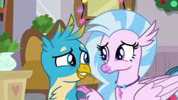 Size: 1920x1080 | Tagged: safe, derpibooru import, screencap, gallus, silverstream, classical hippogriff, griffon, hippogriff, the hearth's warming club, cute, daaaaaaaaaaaw, diastreamies, female, gallabetes, heartwarming, looking at each other, male, raised claw, shipping fuel, smiling, sweet dreams fuel, touching