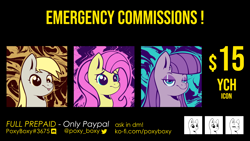 Size: 1920x1080 | Tagged: safe, artist:poxy_boxy, derpibooru import, derpy hooves, fluttershy, maud pie, advertisement, commission info, ych example, your character here