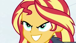 Size: 1280x720 | Tagged: safe, derpibooru import, edit, edited screencap, screencap, sunset shimmer, better together, equestria girls, holidays unwrapped, >:d, evil grin, female, grin, saving pinkie's pie, smiling, solo