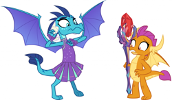 Size: 1024x597 | Tagged: safe, derpibooru import, edit, princess ember, smolder, dragon, bloodstone scepter, body swap, cheerleader, cheerleader outfit, clothes, duo, duo female, fanfic, fanfic art, female, simple background, vector, vector edit, white background