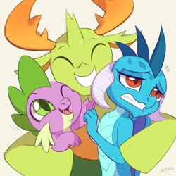 Size: 3000x3000 | Tagged: safe, artist:drtuo4, derpibooru import, princess ember, spike, thorax, changedling, changeling, dragon, season 7, triple threat, cute, dragoness, emberbetes, eyes closed, female, hug, king thorax, open mouth, simple background, smiling, spikabetes, spikelove, thorabetes, tsundember, tsundere, white background