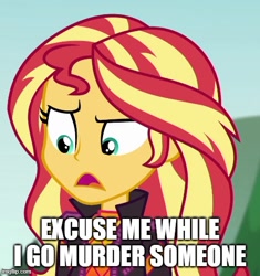 Size: 500x533 | Tagged: safe, derpibooru import, edit, edited screencap, screencap, sunset shimmer, better together, equestria girls, sunset's backstage pass!, angry, caption, cropped, solo, text, this will end in death, this will end in murder, this will end in tears, this will end in tears and/or death