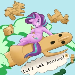 Size: 1000x1000 | Tagged: safe, artist:kushina13, derpibooru import, starlight glimmer, pony, unicorn, dialogue, haniwa, solo