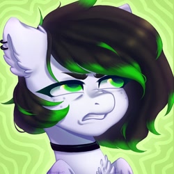 Size: 1100x1100 | Tagged: safe, artist:zowzowo, derpibooru import, oc, pegasus, pony, annoyed, black hair, chocker, colored hair ends, commission, ear fluff, ear piercing, earring, ears, eyebrows, female, freckles, green background, green eyes, head, irritated, jewelry, looking sideways, mare, piercing, short hair, simple background, solo, teeth, teeth grinding, three quarter view, white coat