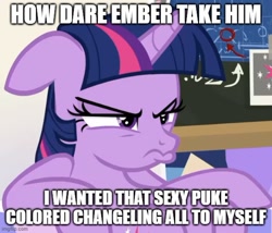 Size: 582x499 | Tagged: safe, derpibooru import, edit, edited screencap, screencap, twilight sparkle, twilight sparkle (alicorn), alicorn, pony, sparkle's seven, angry, caption, chalkboard, cropped, cute, ears, female, floppy ears, friendship throne, grumpy, grumpy twilight, implied ember, implied embrax, implied thorax, jealous, madorable, mare, pouting, sitting, slouching, solo, text, this will end in pain, this will end in tears, this will end in war, throne, twiabetes